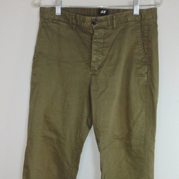 H&M Men Army Green Chinos Fly Button Relaxed Fit Pants Size 33R- Casual - Picture 5 of 8